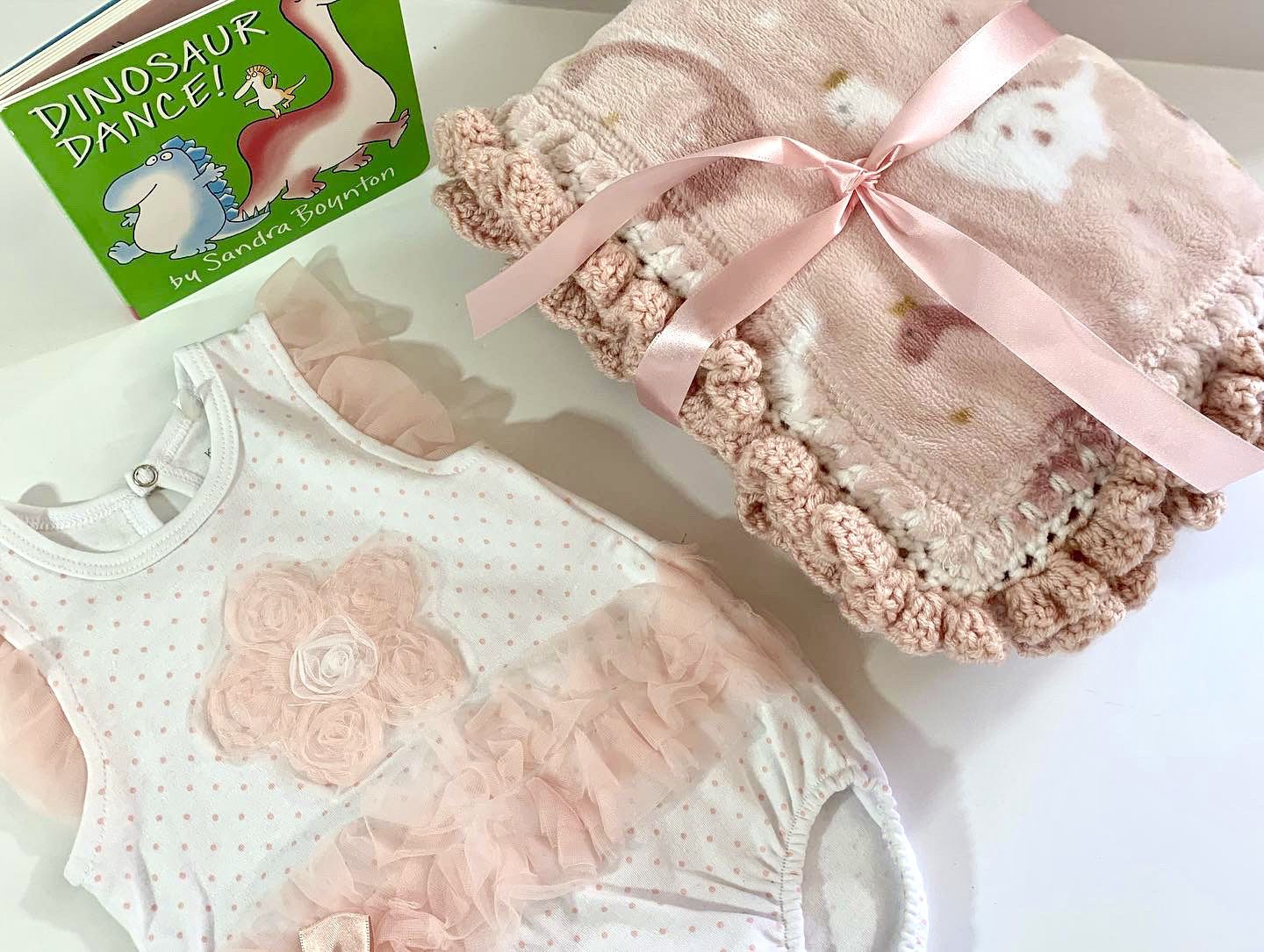 Dinosaur Princess with Ruffles Crochet Baby Blanket Gift Set
