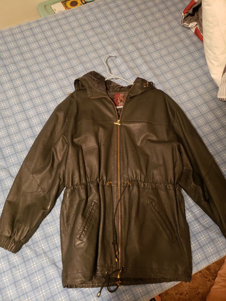 Vintage Black Leather Rain Coat. Size Medium