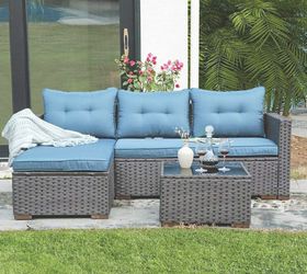 Conversation Set, PE Wicker/ Rattan Outdoor Furniture Set, 2 Ways Sectional Sofa Lounge& Love Seat w/ Cushions (Grey, Blue & Tan) Thumbnail