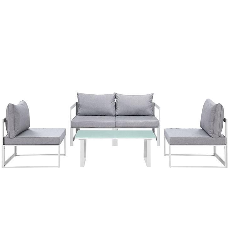 Fortuna 5 Piece Outdoor Patio Sectional Sofa Set, White Gray