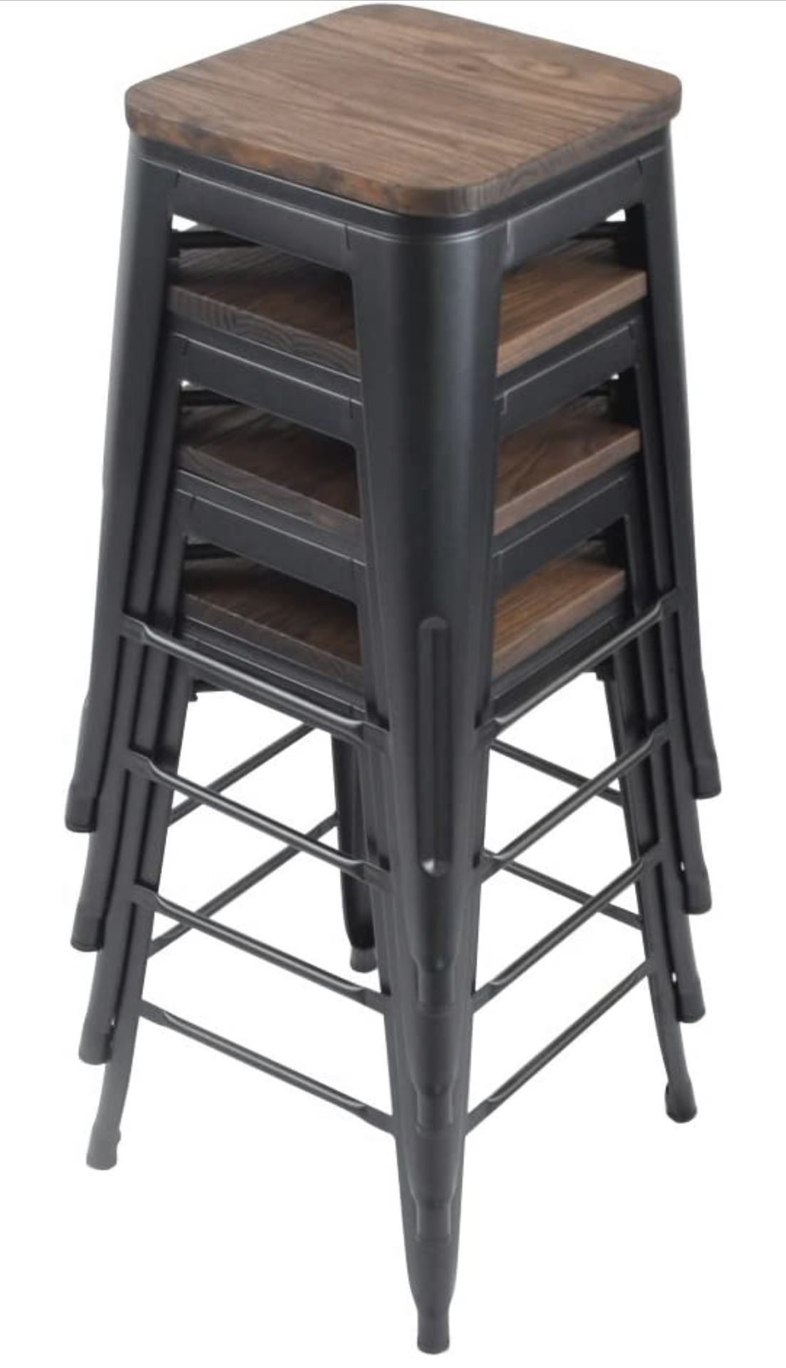 Bar Stools Set of 4 with Wooden Seat Backless Barstools Industrial Counter Height Bar Stools Stackable for Kitchen (26 inch, Matte Black )