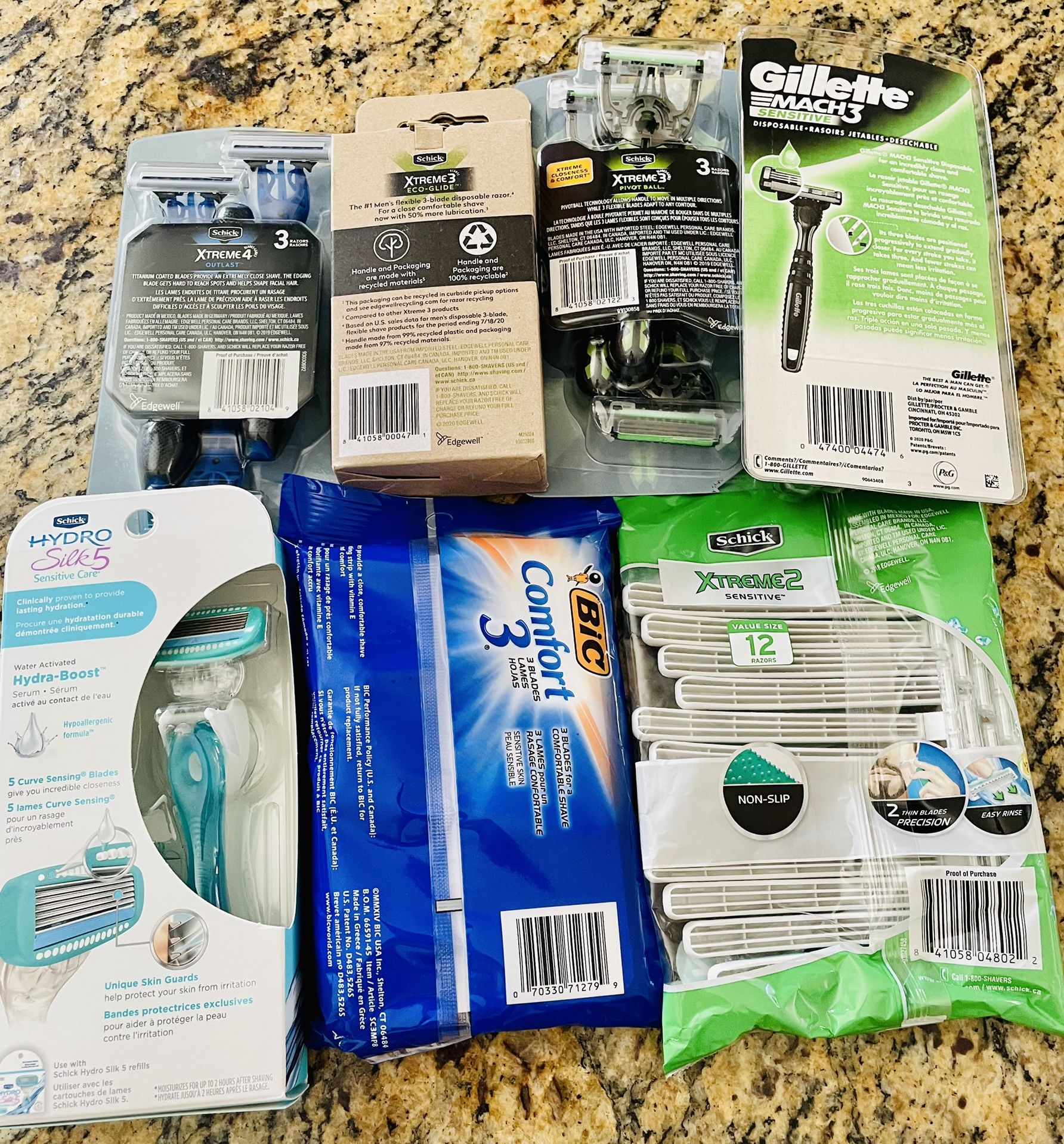 Lot of (7) Schick, Gillette, & Bic Razors
