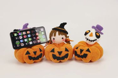 New! Hand Knit Pumpkins | Phone Holder | Fall Decor | Halloween Holiday theme | Desktop Decor Stands Thumbnail