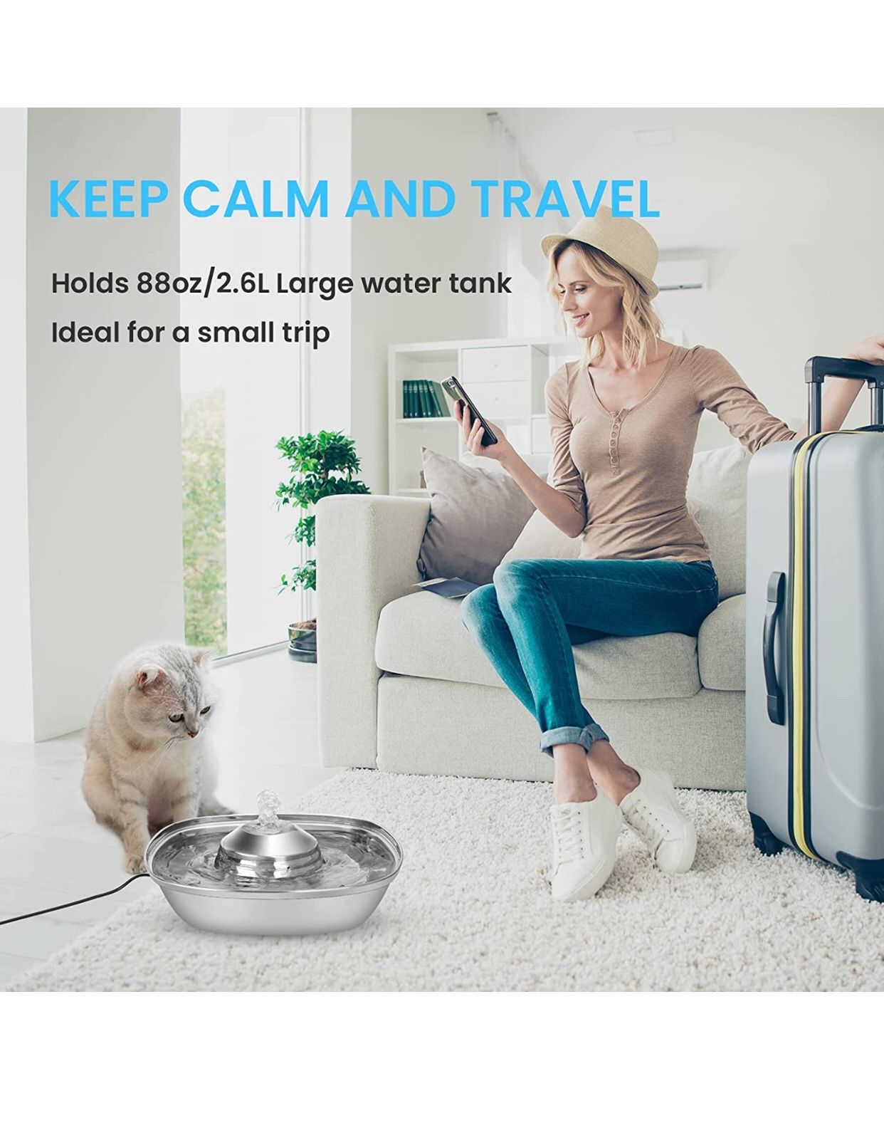 Cat Water Fountain Stainless Steel, 88oz/2.6L Ultra Quiet Pet Fountain, Dishwasher Safe Dog Water Dispenser for Small and Medium Large Cat and Dog, wi