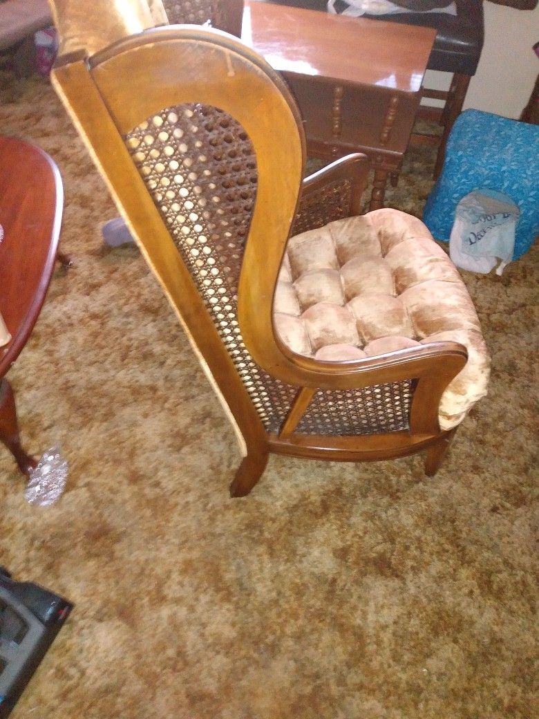 Mid 20th. Century Lewittes Ruffed Gold Velvet Cane Wingback Chair.