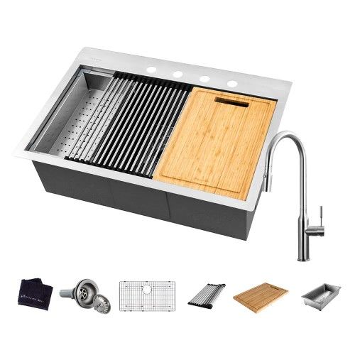 Glacier Bay All-in-One Drop-In Stainless Steel 30 in. 4-Hole Single Bowl Kitchen Workstation Sink with Faucet and Accessories - #75302-OS