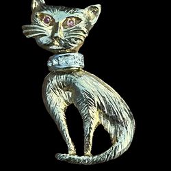 Vintage Pin Brooch Gold Silver Toned Cat Design With Pink Clear Rhinestones Used Thumbnail