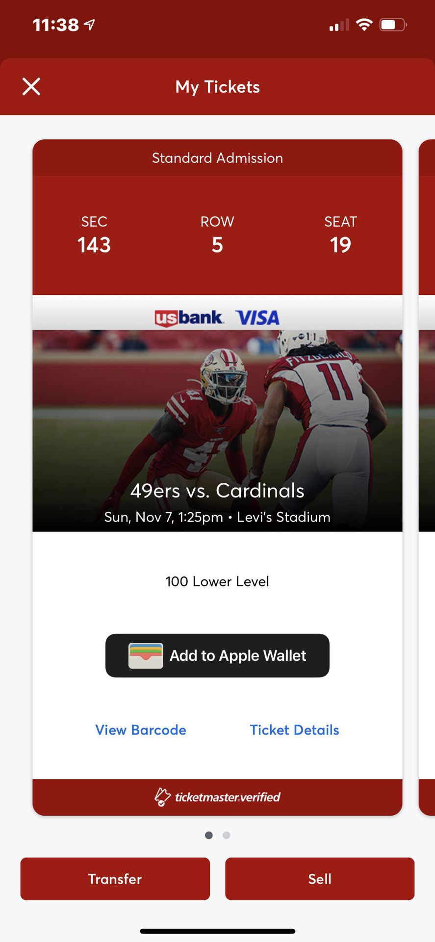 Two Amazing Seats Sf 49ers Vs Az Cardinals Lower Level 2nd Row!