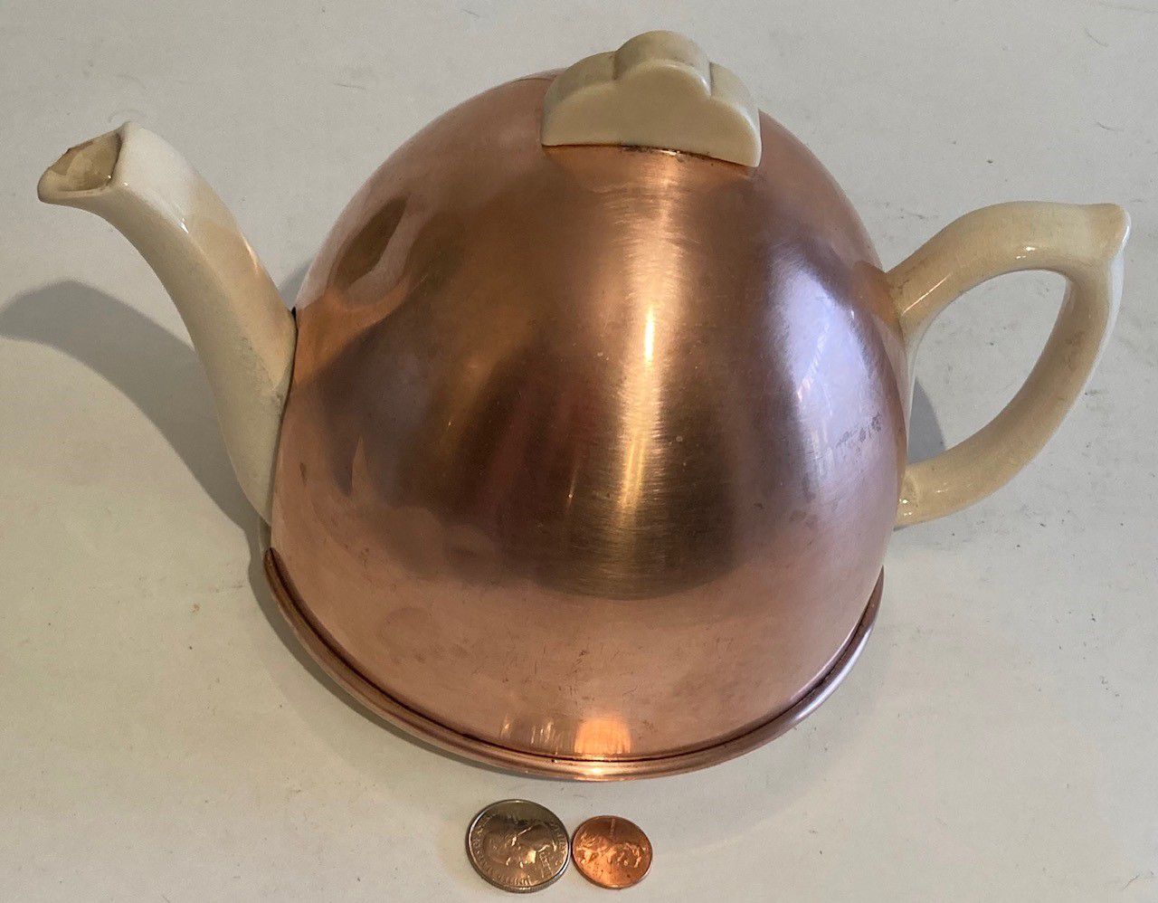 Vintage Copper Metal and Porcelain Tea Pot, Tea Kettle, Made in England, 10" x 6", Kitchen Decor, Use It, Table Display, Shelf Display