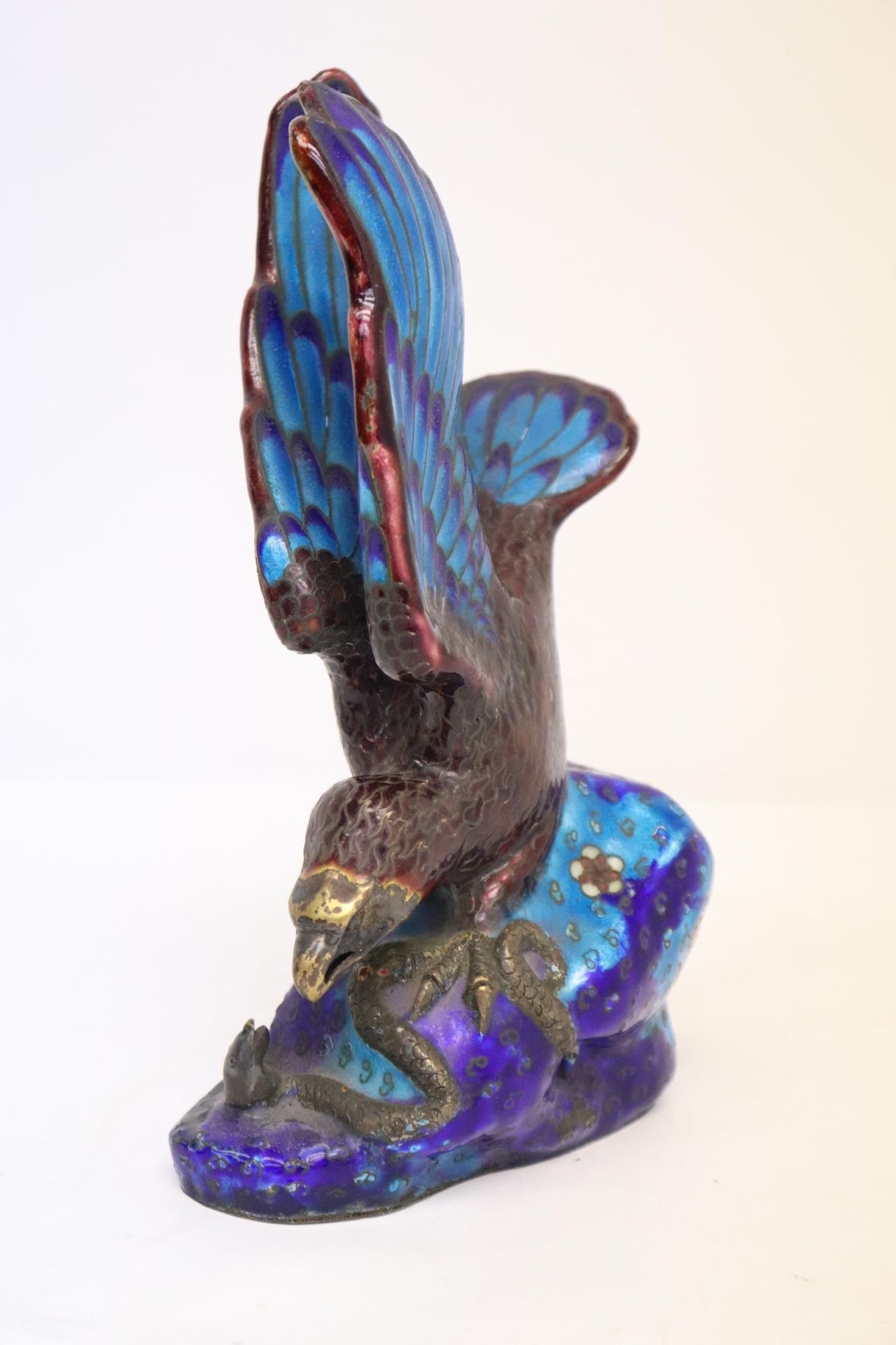 Unusual Chinese cloisonne enamel sculpture of bird, 8.95"H 