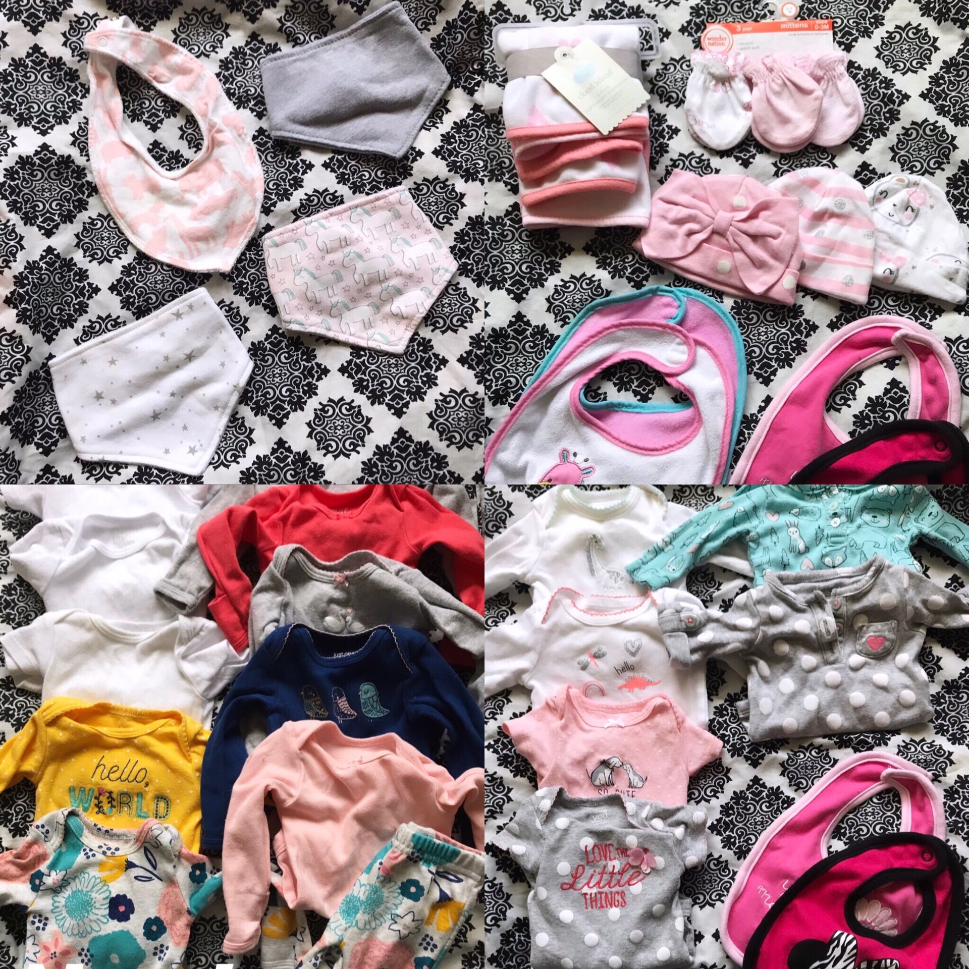 14 new outfits 4 blankets 2 packs of pampers with huggies wipes, bows, toys, and pacifiers