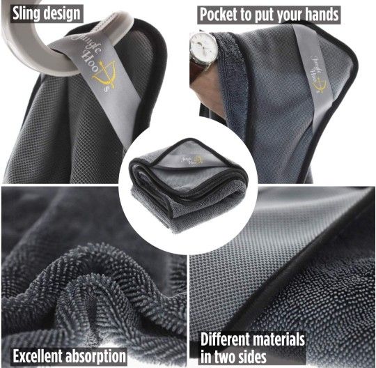 Premium Big-Size 600GSM Microfiber Super Absorbent Hand Pocket Drying Towel Convenient Handling Car Wash Rag (Gray, 2 in 1 Pack) (31.5 x