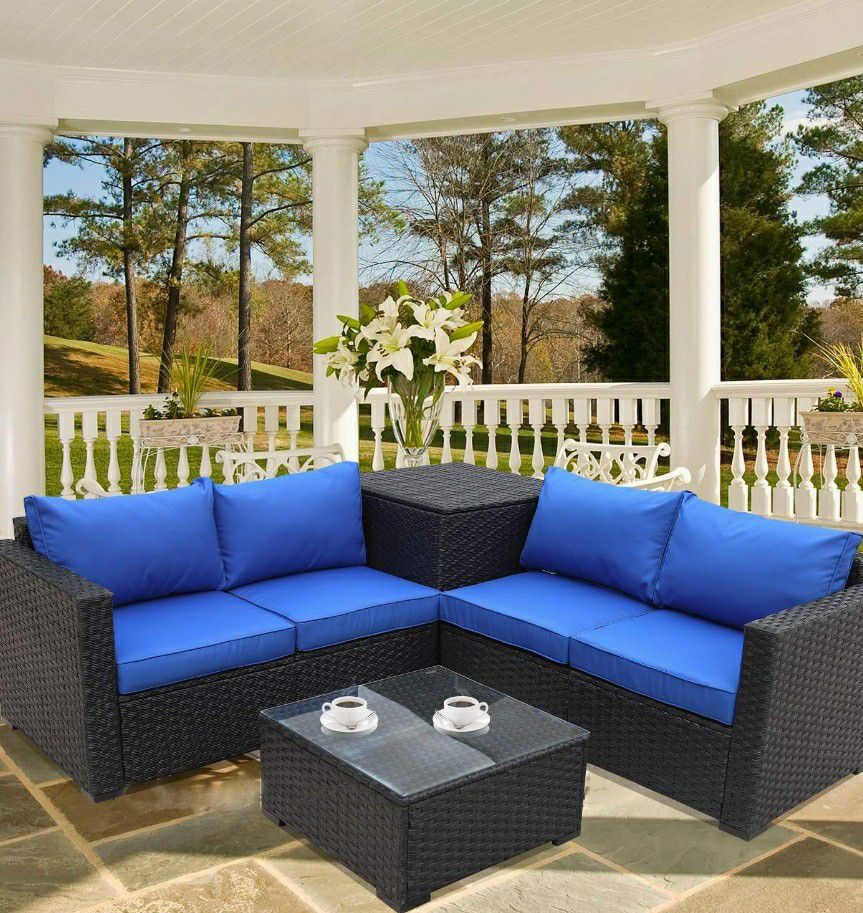 All Weather Outdoor Furniture Set (4 Piece) Black Rattan Sectional Set Conversation Sofa w/ Storage Bin