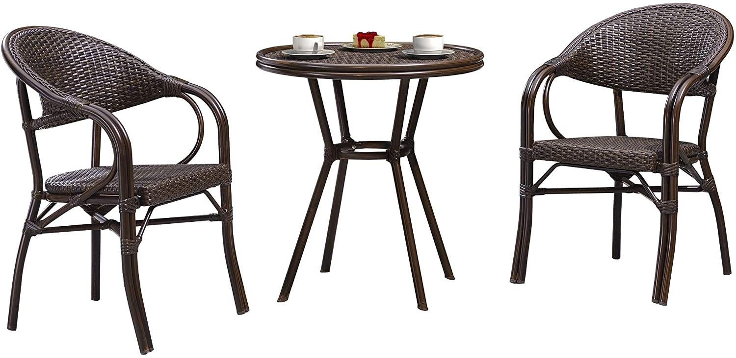 Set of 3 - Industrial Bistro Set, Armed Bistro Chair and Glass Top Table for Patio, Brown