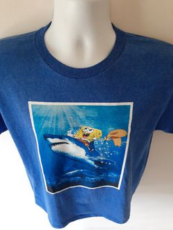 SpongeBob SquarePants shark cowboy boys blue short sleeve t-shirt size L (10-12) Thumbnail