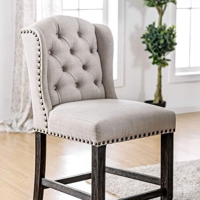 SET OF 2 COUNTER HEIGHT DINING CHAIRS / STOOLS TUFTED GLAM NAILHEAD ACCENT