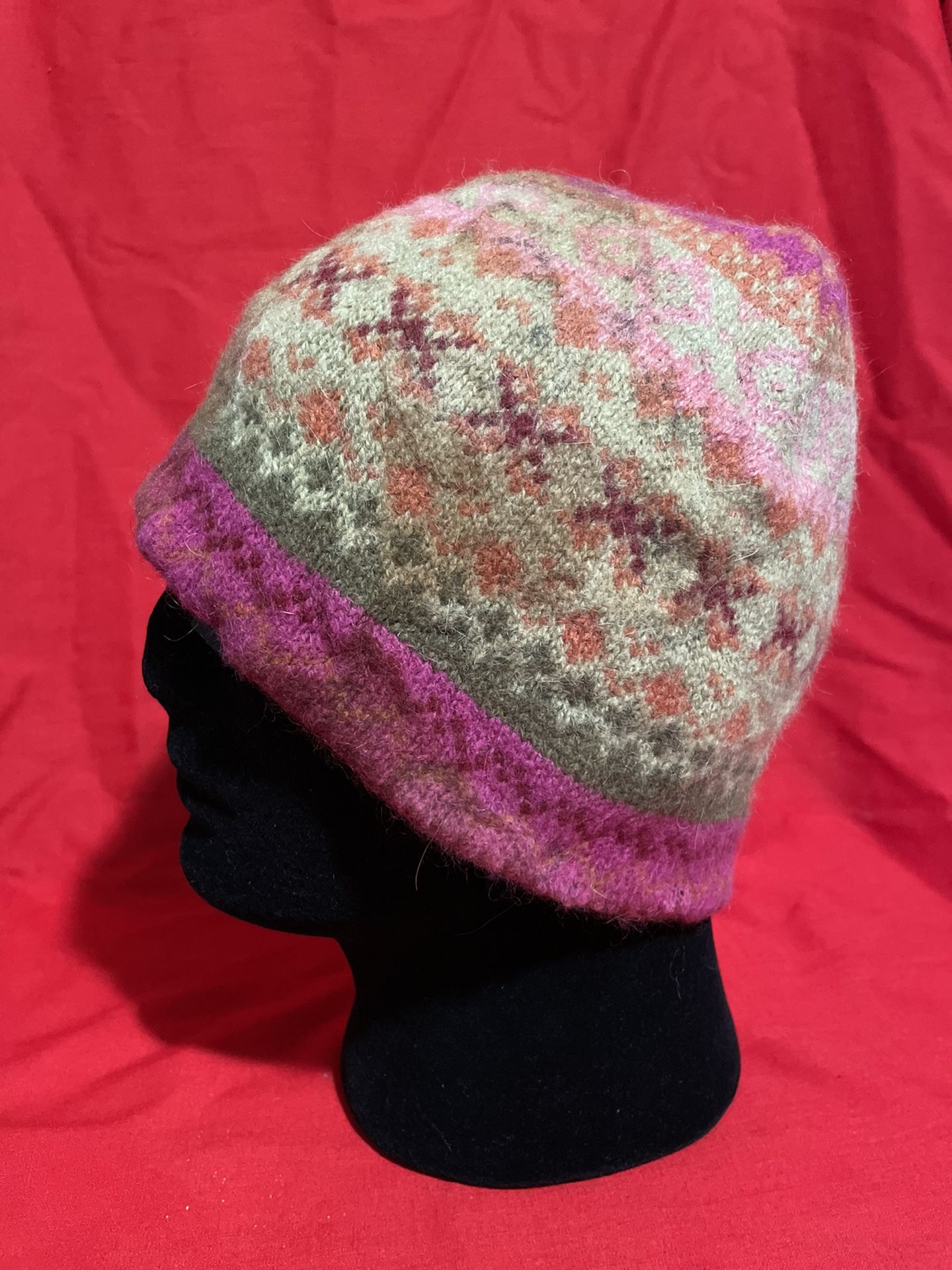Wool Beanie Hat Pink Pattern Adult Sized