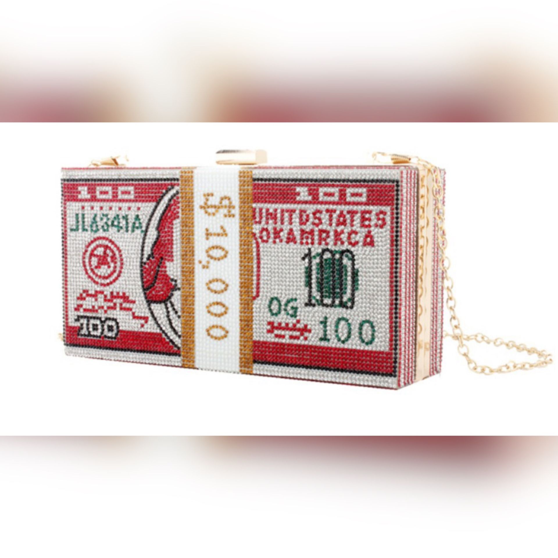 Women’s Red Bedazzled Pearl Clutch Crossbody Gold Chain Money Bag