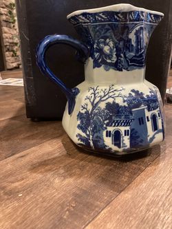 Vintage Blue And White Ironstone Victoria Pitcher With Village Scene  Thumbnail