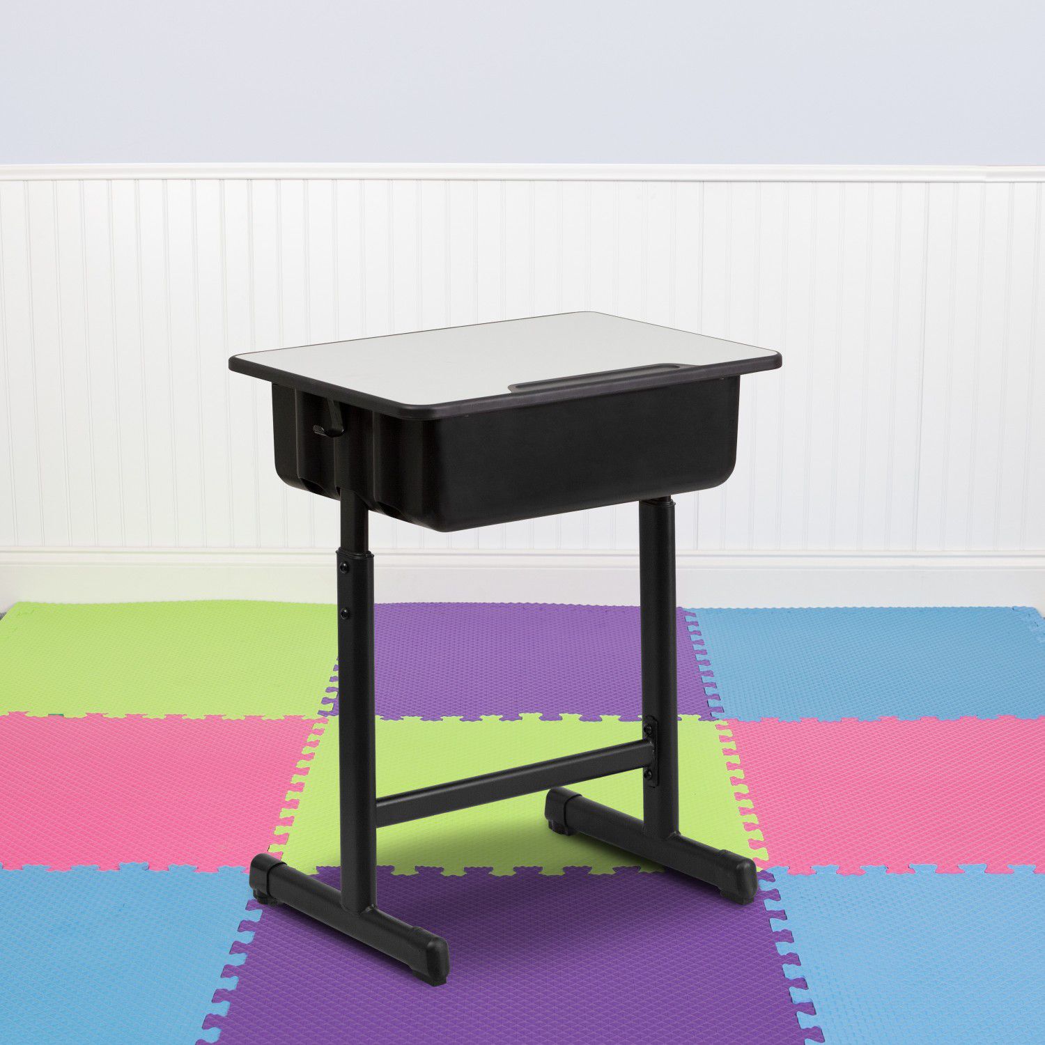 Desk with Grey Top and Adjustable Height Black Pedestal Frame