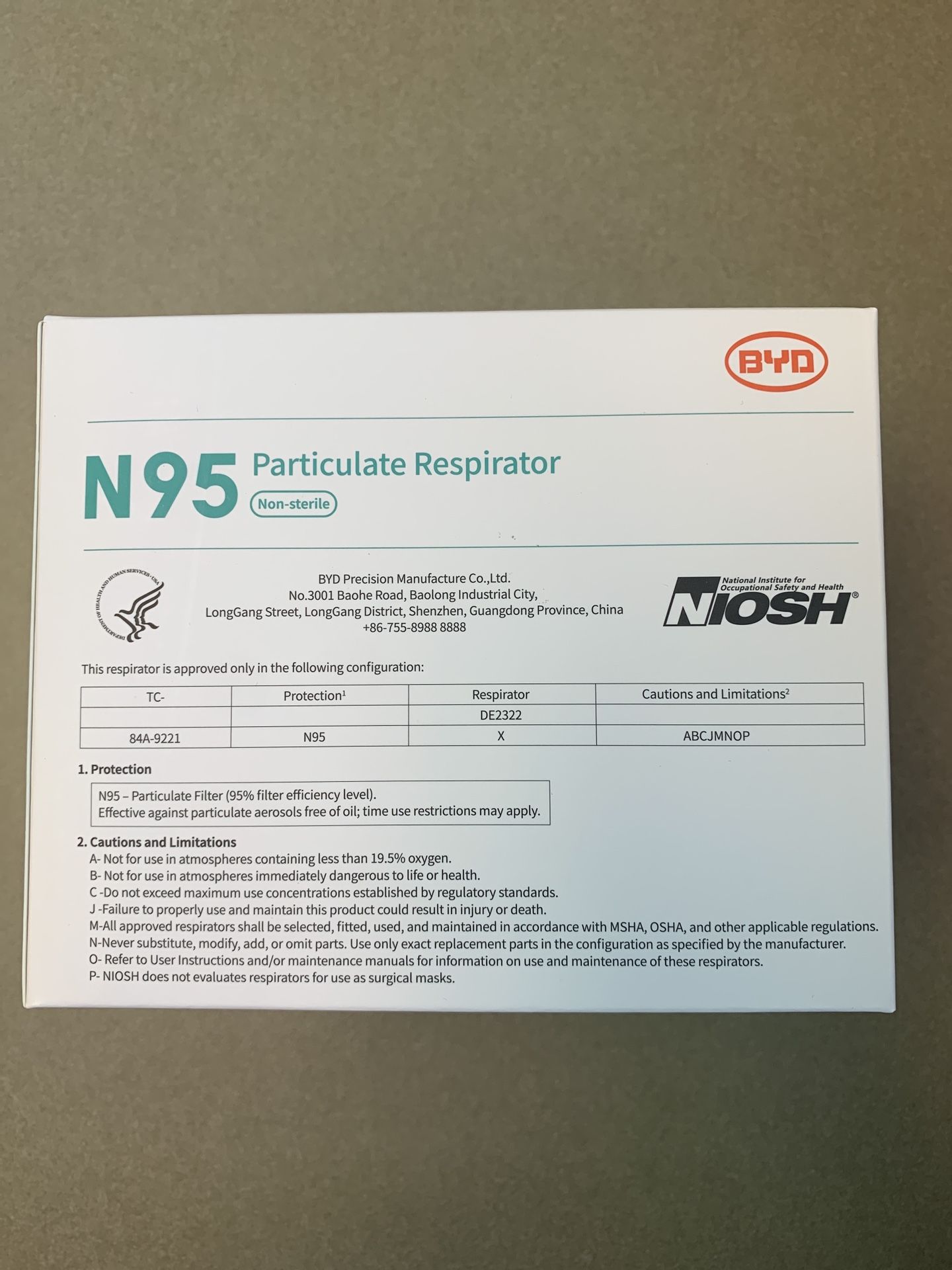 BYD Genuine N95 Protective Disposable Masks NIOSH Approved DE2322 (20-Pack)