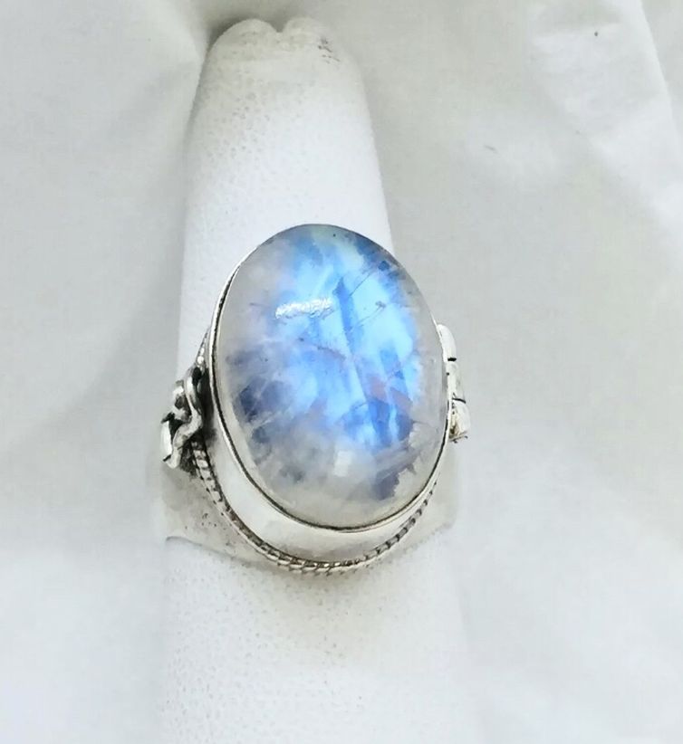 925 Sterling Silver Large Natural Rainbow Moonstone Pill Box Poison Ring