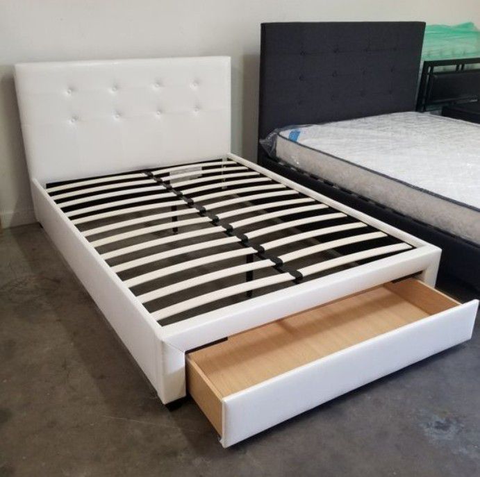 Brand New Full Size White Leather Platform Bed Frame +Storage Drawer 