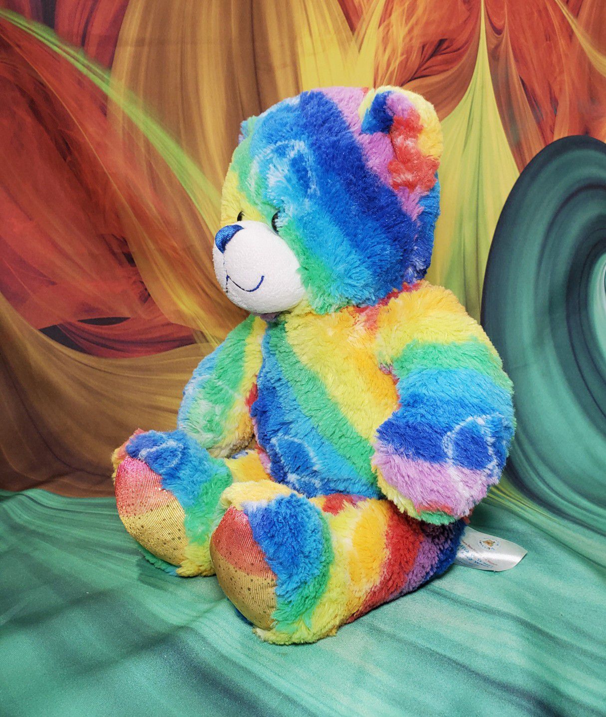 Build-a-Bear Rainbow Peace Teddy Blue Eyed Tie Dyed Plush Stuffed BABW Toy 16"