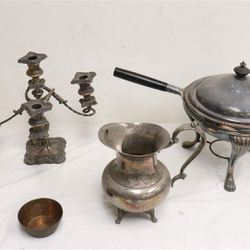 Vintage Silver Plate Candelabra Pitcher Chafing Dish & Bowl Thumbnail