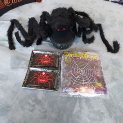 Huge Black Fuzzy Spider Halloween Decoration With Spider Web & 2 Spider Dishes Thumbnail