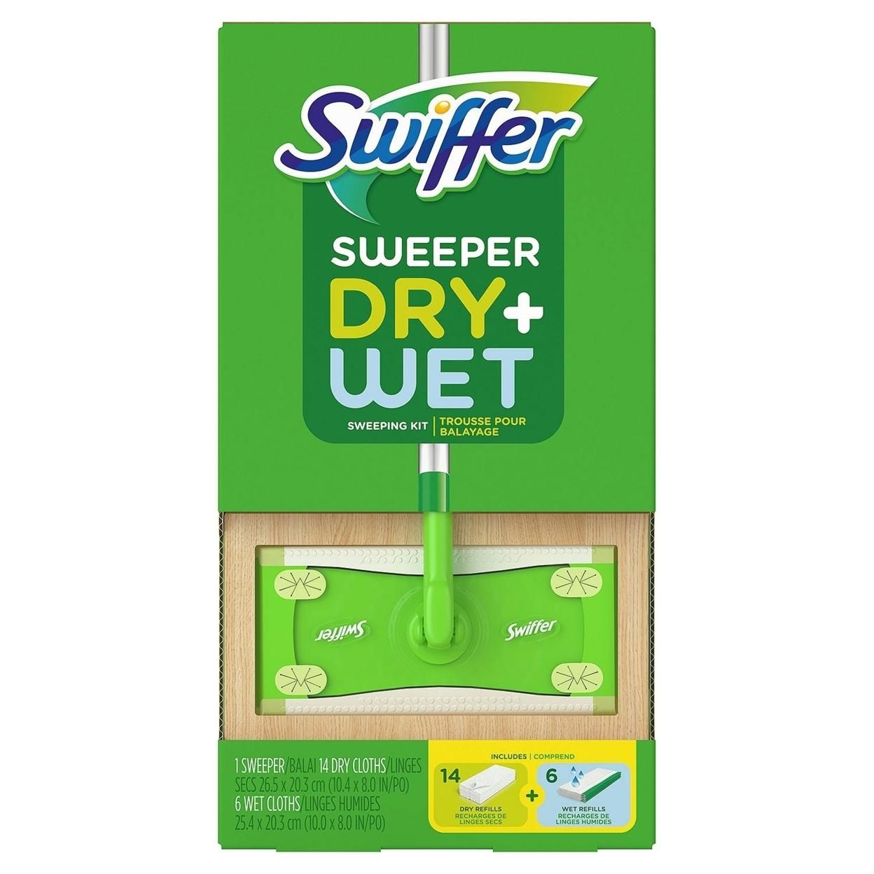 Swiffer Sweeper Dry + Wet sweeping Kit (1 Sweeper, 14 Dry Cloths, 6 Wet Cloths)