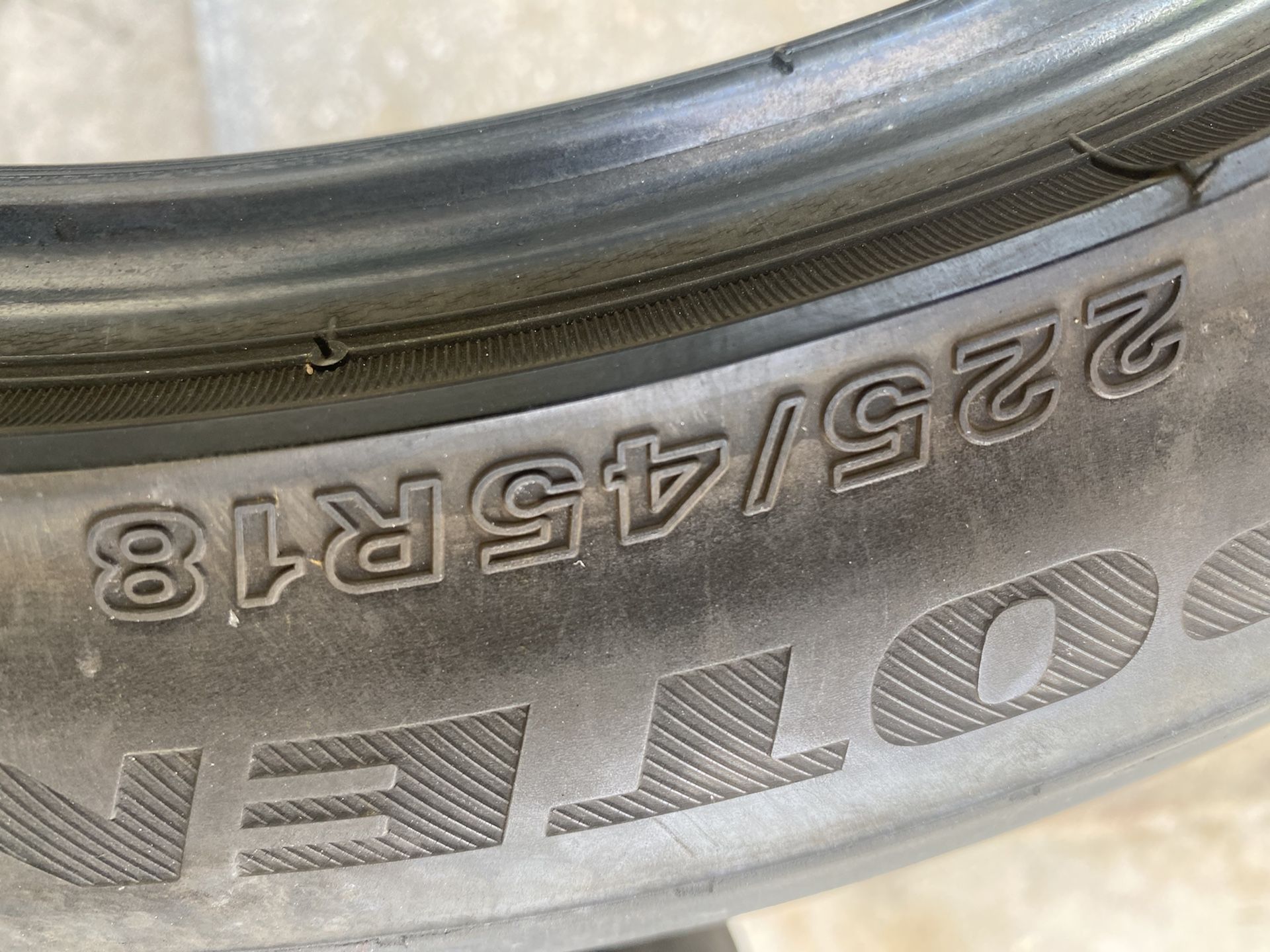 Two (2) Tires sizes: Ring size 18- 225/45/R18 Low Profile “Potenza”Asking $120. Both Obo today…