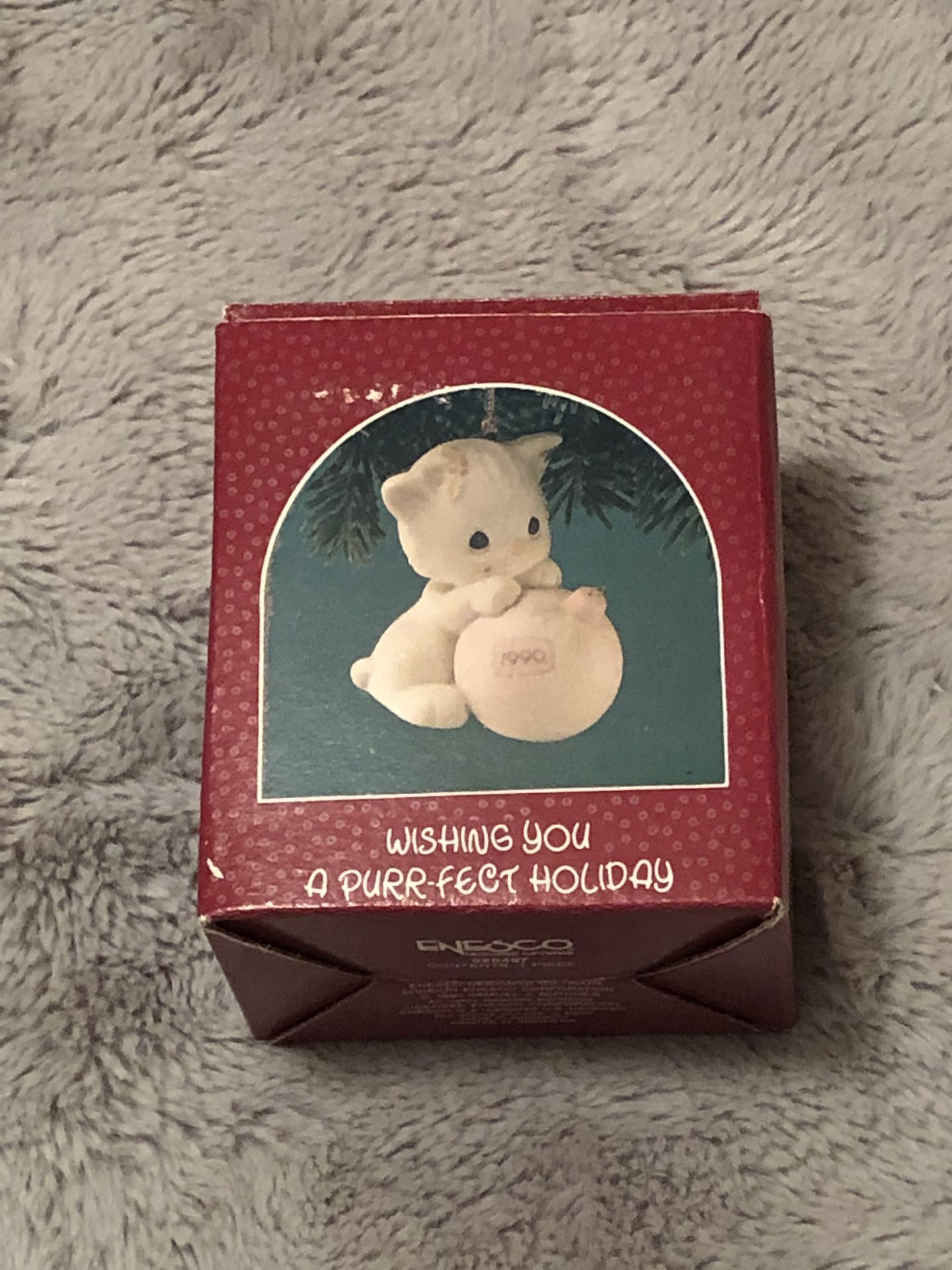 1990 Precious Moments Collection Miniature Ornament “ Wishing You A Purr-Fect Holiday”