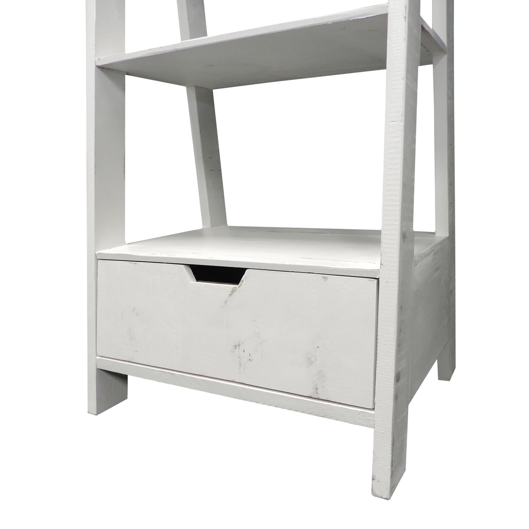4 Shelf Wooden Ladder Bookcase with Bottom Drawer, Distressed white , Saltoro Sherpi