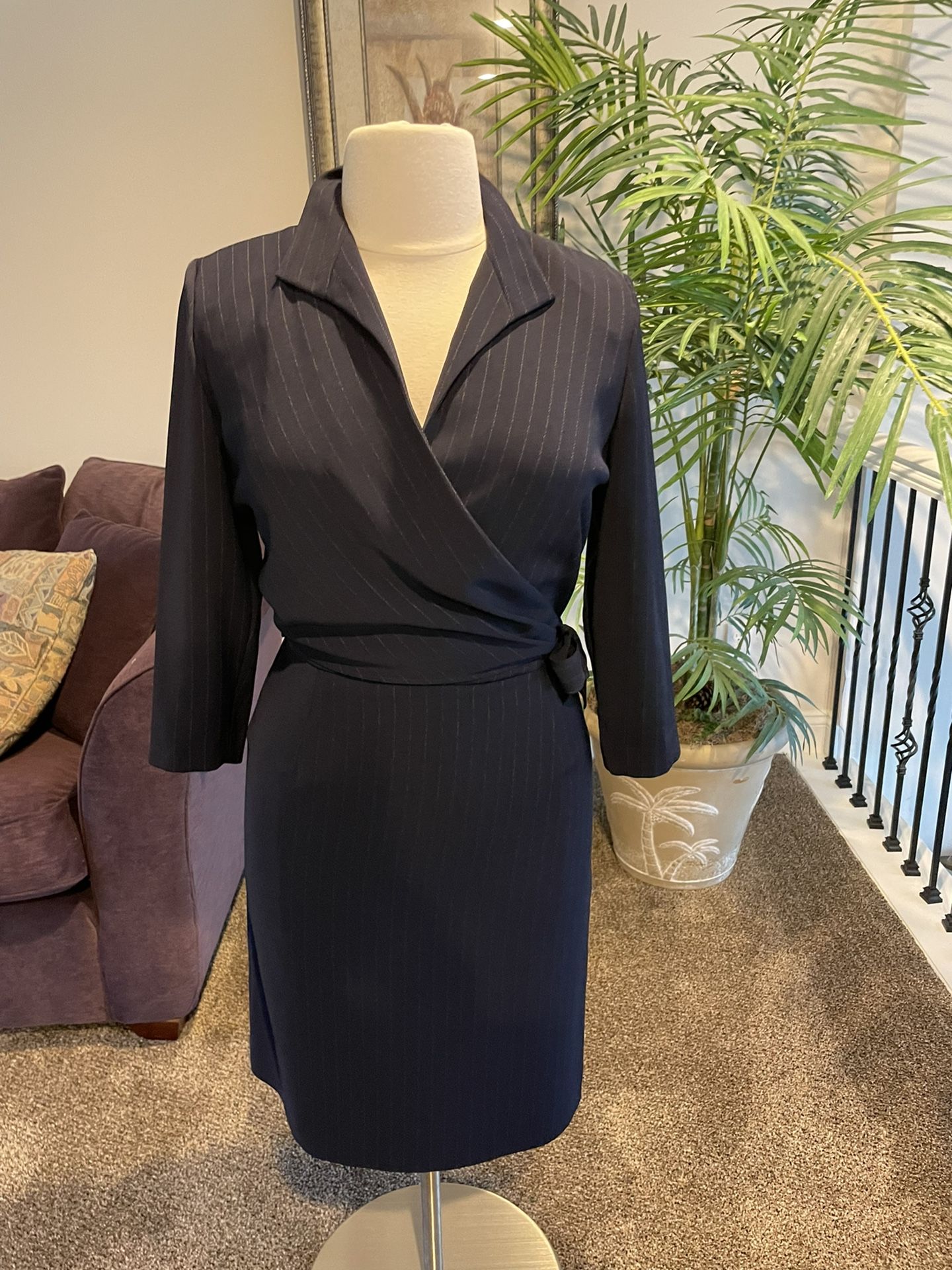 Liz Claiborne Wrap Dress: Navy Blue with Metallic Striping and Side Tie Size 12