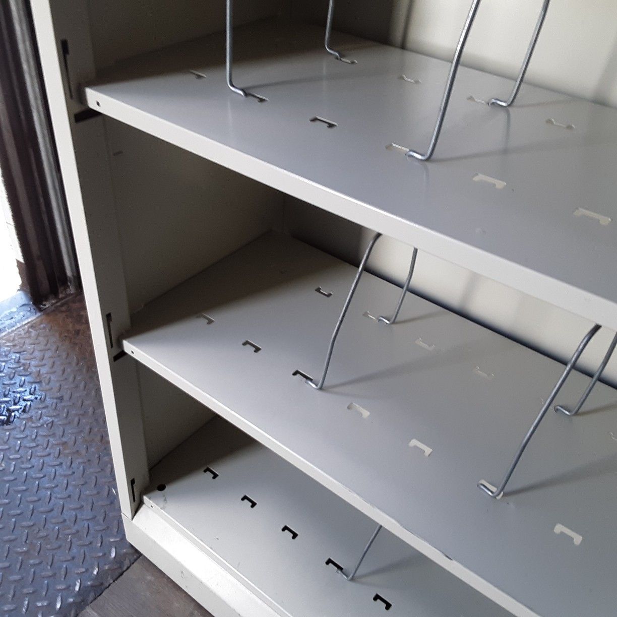 Shelving metal light weight...2 available...size. 34.5 Wide.m...12.5 Deep..81.25 Tall
