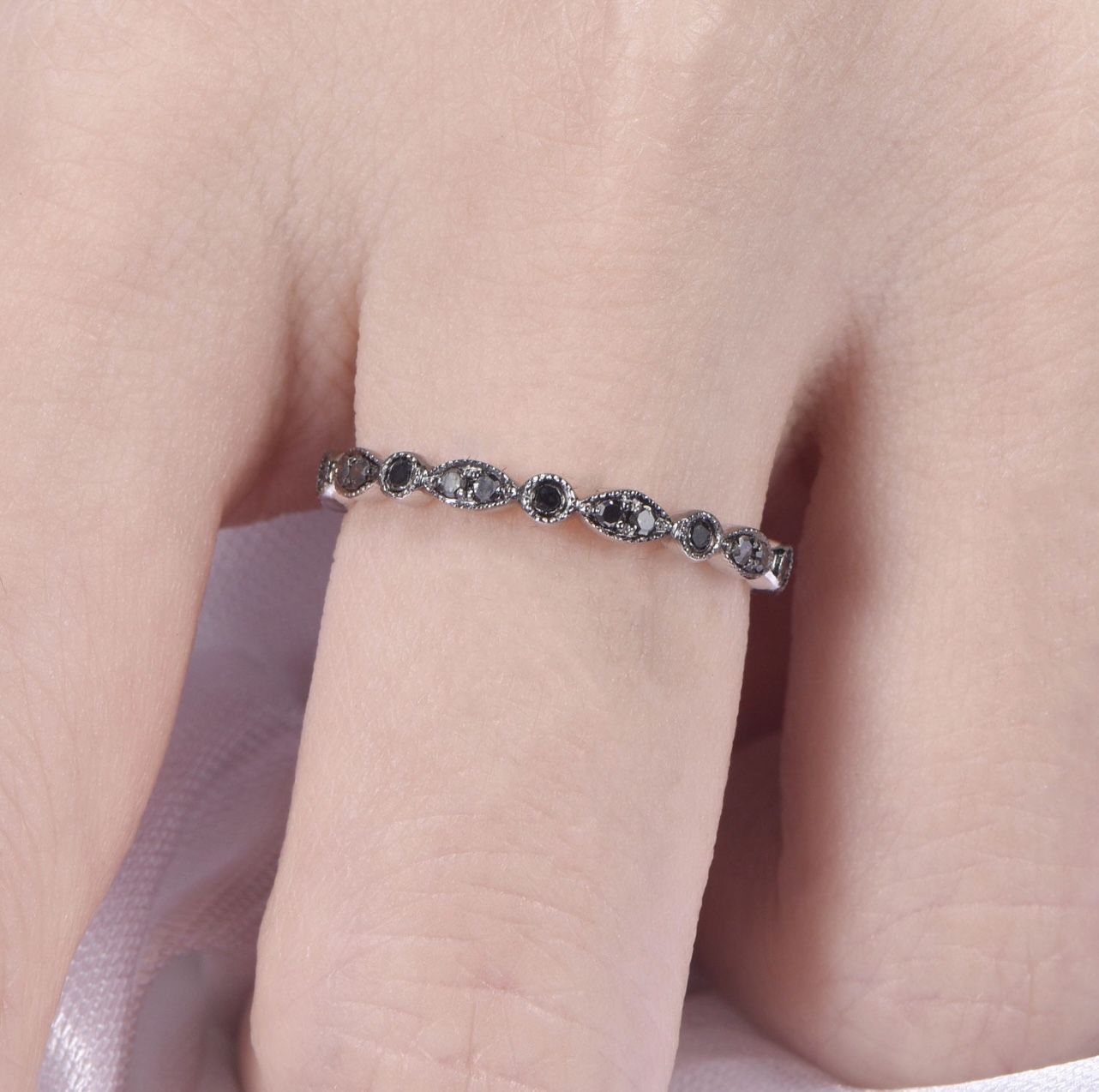 Black Diamond Full Eternity Ring - Art Deco Solid 14k White