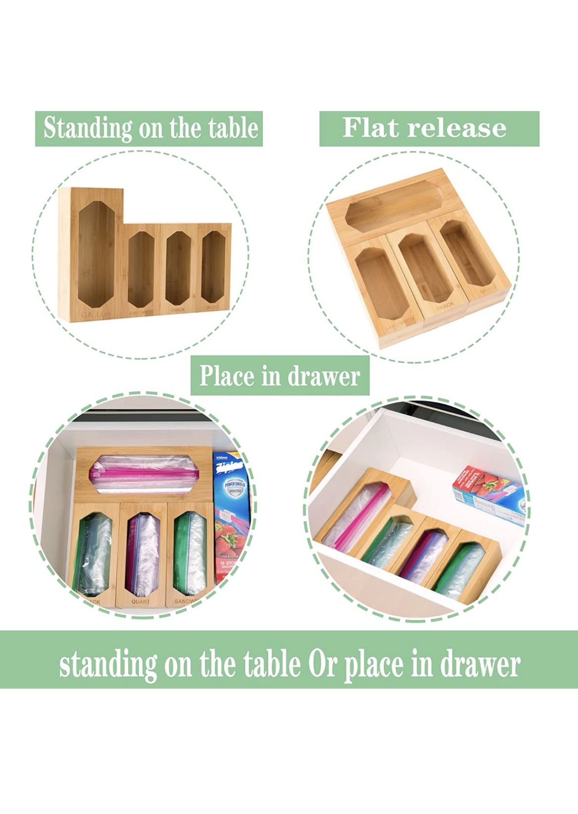 Ziplock Bag Storage Organizer Bamboo Baggie Organizer Dispenser for Kitchen Drawer, Food Plastic Bag Holder Organizer Compatible with Ziploc for Sandw
