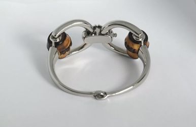 GUCCI sterling Silver Horsebit & Wood Bamboo Bracelet Size 16 Thumbnail