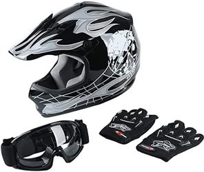 TCMT Helmet for Kids Black Flame Skull with Goggles & Gloves DOT Youth helmet for Atv Mx Motocross pOffroad Street Dirt Bike  Thumbnail