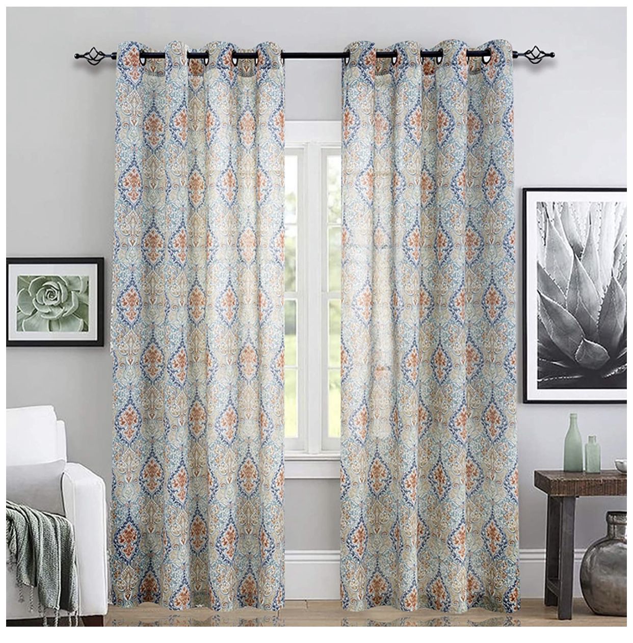 Medallion Linen Blend Curtains for Living Room 84 Inch Length Drapes Damask Pattern Flax Draperies Window Treatments for Sliding Glass Doors Bedroom
