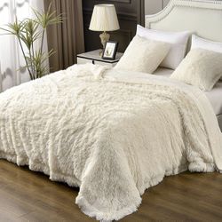 Thick Twin Size Faux Fur Throw Blanket(Cream White,60" x 80"),Whithout Pillows,Winter Lightweight Plush Fuzzy Soft Cozy Microfiber Comfy Bed Blanket f Thumbnail