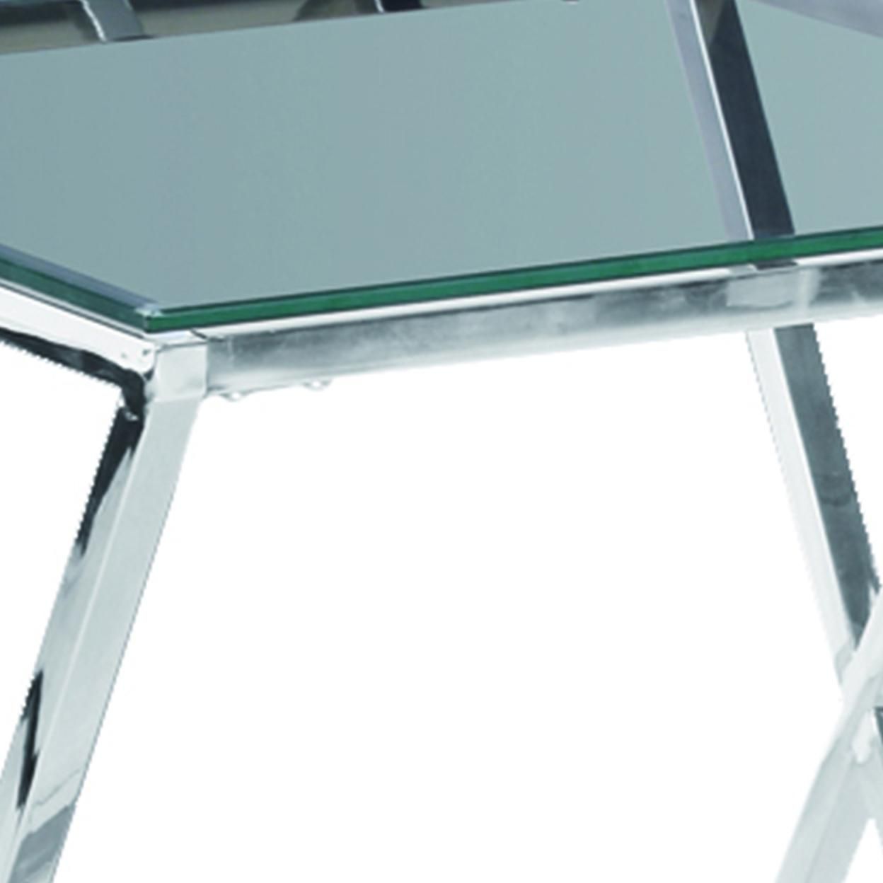 Saltoro Sherpi Diamond Shaped Metal Accent Table with Glass Top, Silver