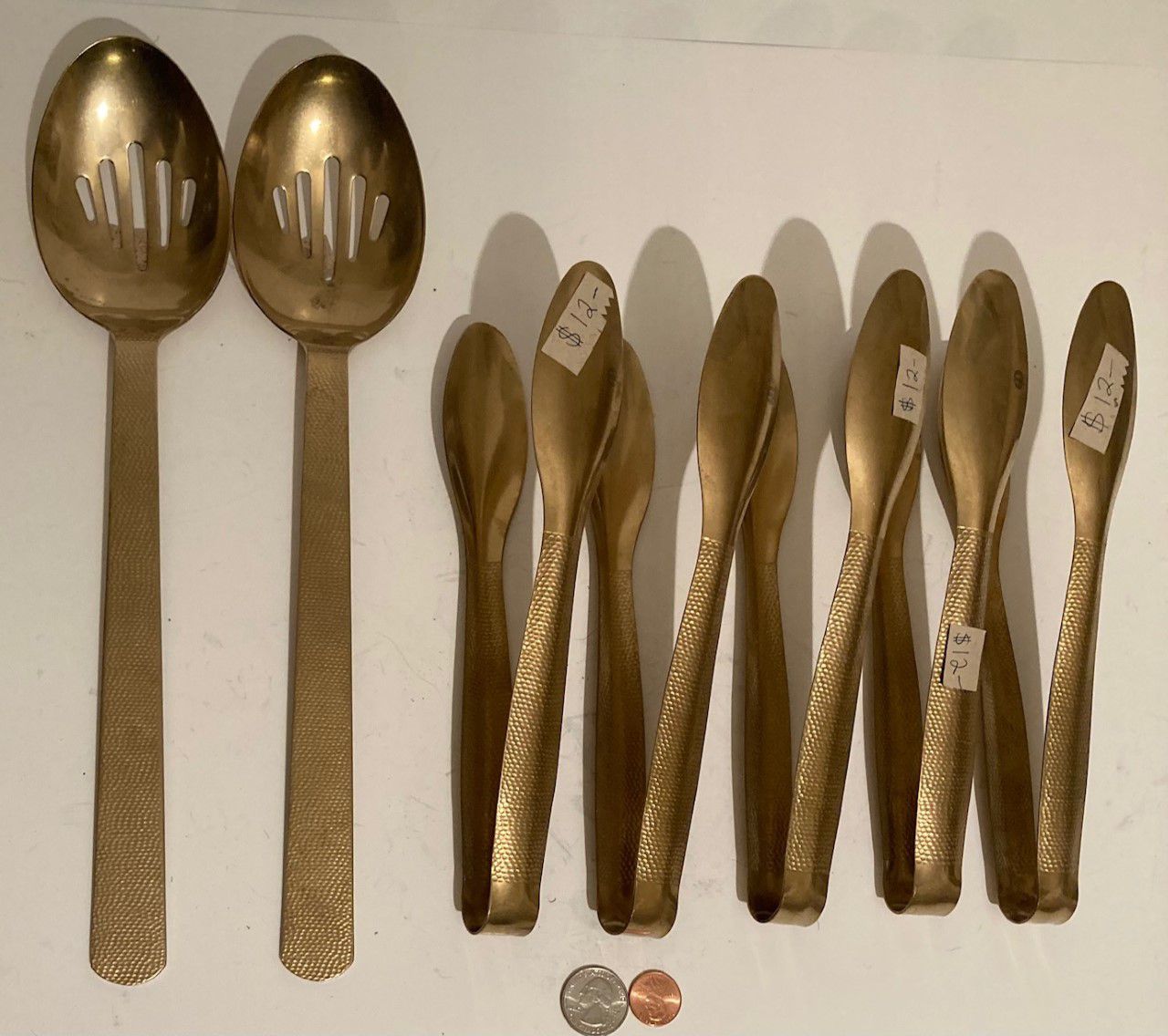 Vintage Set of 7 Brass Serving Utensils, 2 Strainers Spoons and 5 Tongs, 13" and 9" Long Each One, Heavy Duty, Quality, Kitchen Decor, Hanging Display