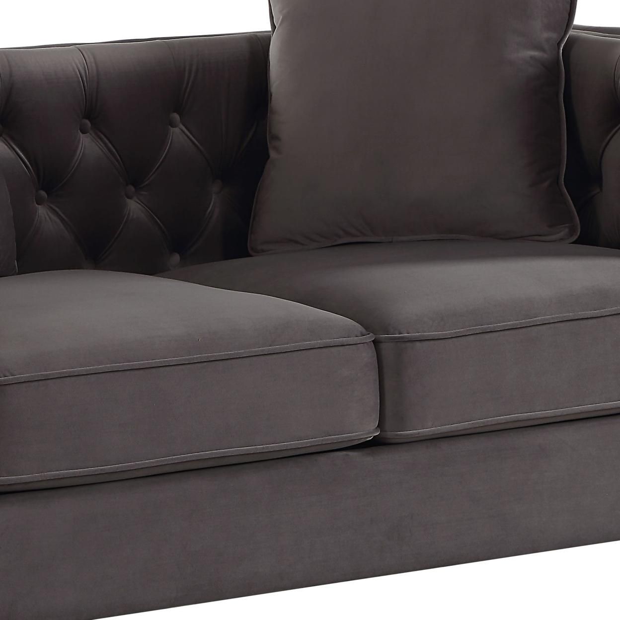 Velvet Upholstered Button Tufted Loveseat with Two Pillows, Dark Gray