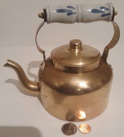 Vintage Metal Brass Teapot, Tea Kettle with Porcelain Handle, 7" x 5", Kitchen Decor, Table Display, Shelf Display, This Can Be Shined Up Even More Thumbnail