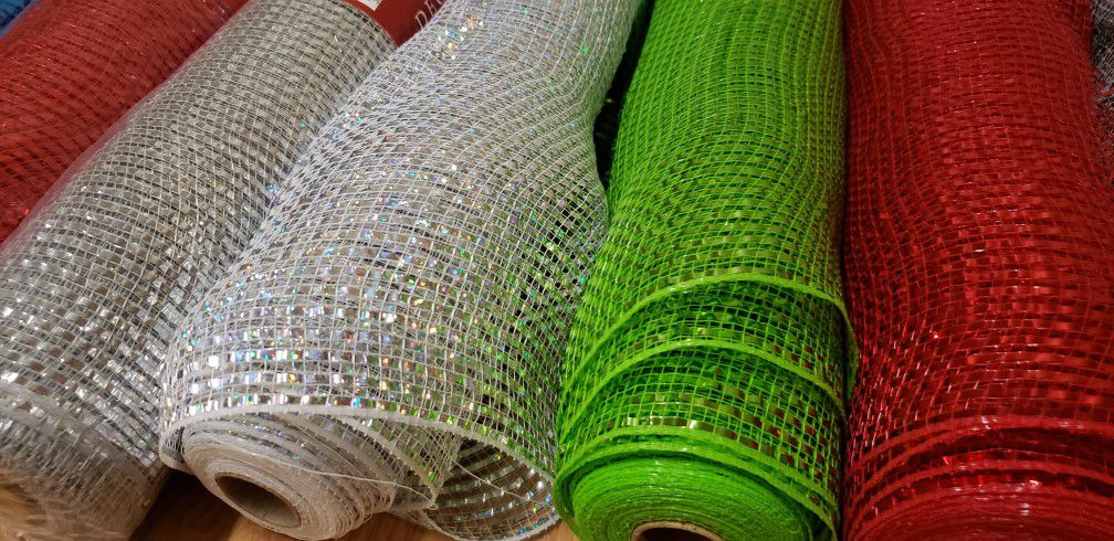 9 Rolls Of Deco Mesh Ribbon 21 in X 30 Feet Blue Red Silver  Green Black And White 