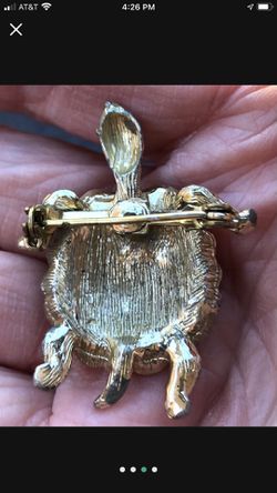 1 1/2 inch Vintage turtle pin brooch red rhinestones gold tone Thumbnail