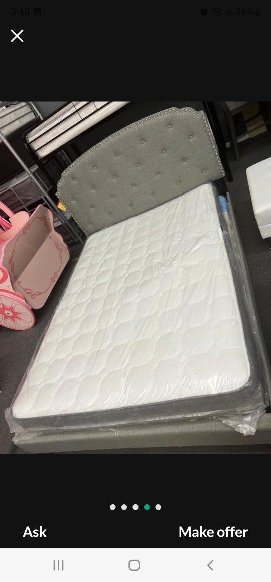 Brand New Queen Size Grey Linen Upholstered Platform Bed Frame +Mattress 