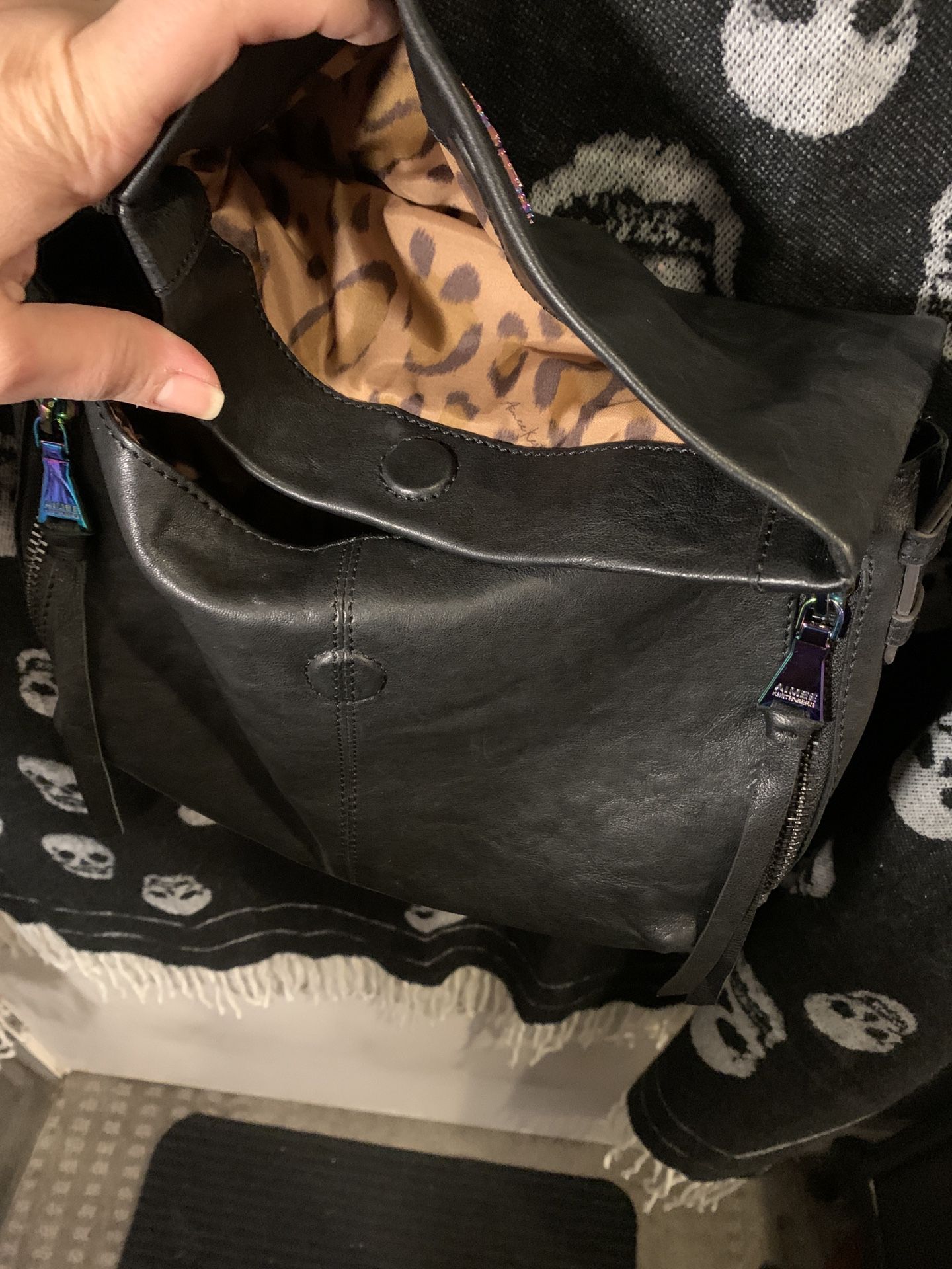 Amy Kestenberg Black Leather Crossbody Handbag Purse Metallic Rainbow Hardware
